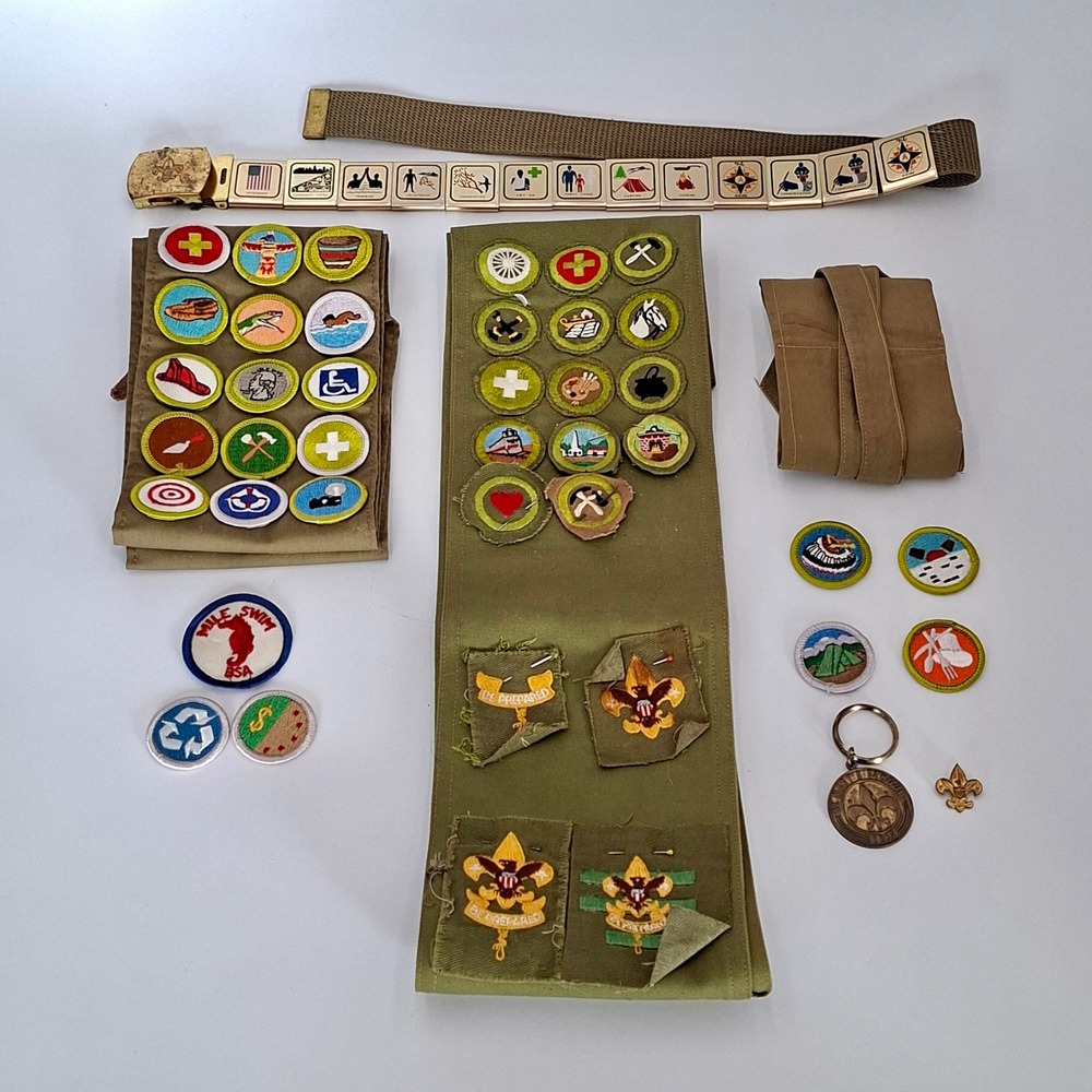 Vintage BSA Boy Scouts Merit Badge Sash Skill Award Belt Patch Pin Lot USA